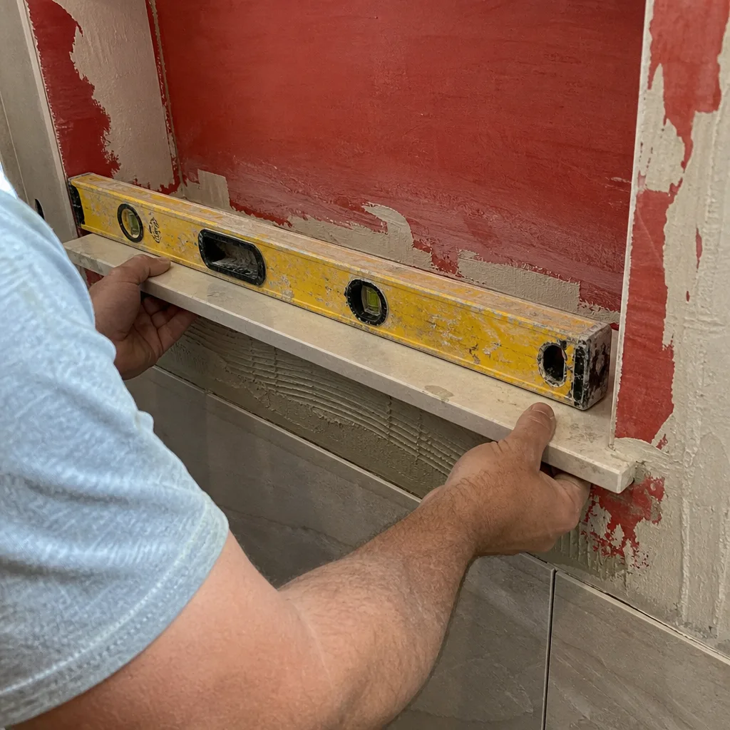 Contractor using a level to install a stone shower niche shelf