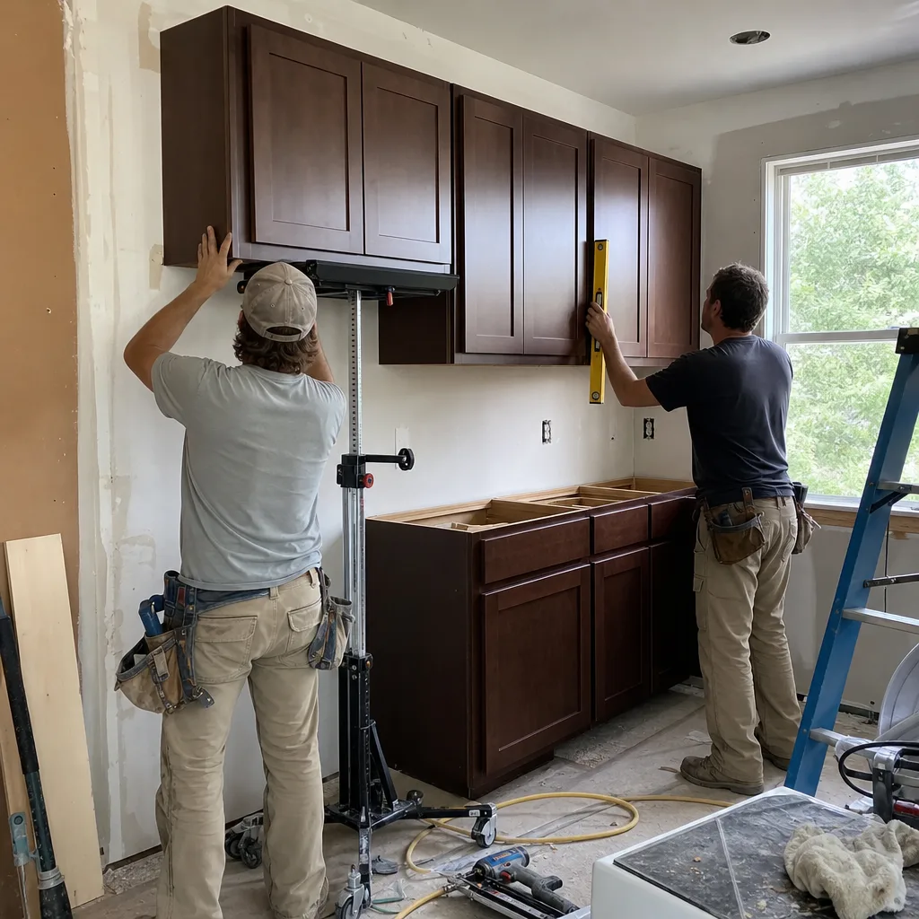 Two contractors installing dark wood kitchen cabinets during a remodeling project