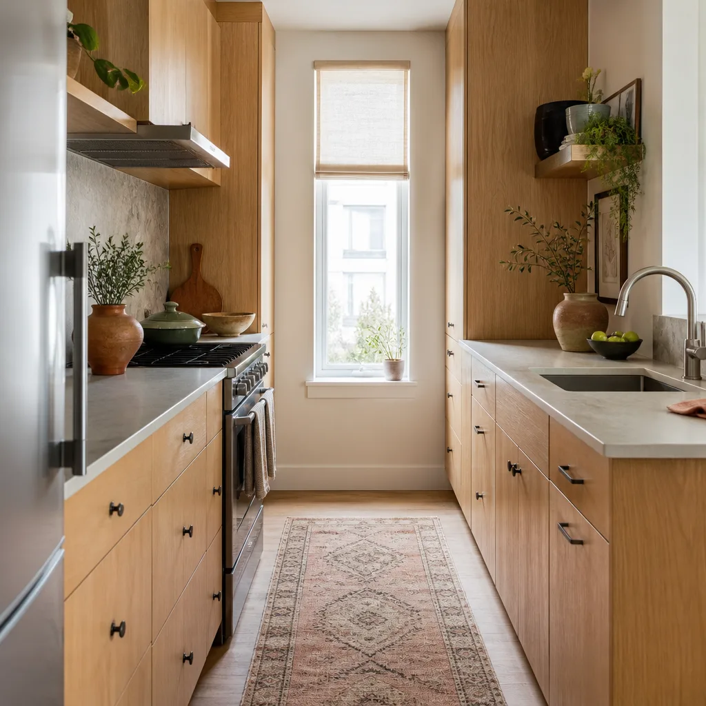 A small remodeled galley kitchen with cabinets to the ceiling